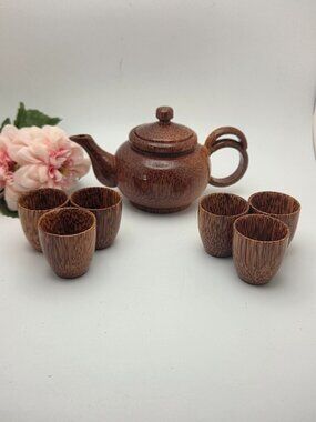 Vietnamese Hand Crafted Coconut Wood Tea Pot and Cups Home Deco